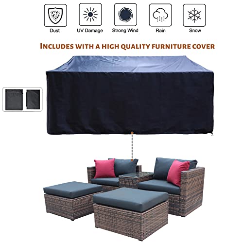 Chinnluu 5 Pieces Outdoor Furniture Patio Rattan Loveseat, All Weather Sectional Pe Sofa Conversation Set With Ottoman Coffee Table, Garden Lawn Pool Backyard,Brown Wicker Black Cushions #TOP1