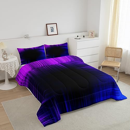 Image of Feelyou Blue and Purple Striped Bedding Set Queen, Geometric Artistic Smear Comforter for Kids Boys Girls Ombre Gradient Lines Comforter Set Abstract Graffiti Art Duvet Set with 2 Pillow Case