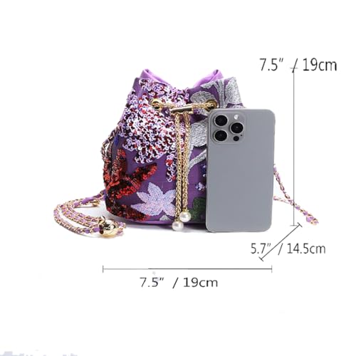 Sequins Bucket Bag Chinese Retro Crossbody Bags Embroidered Flowers Chain Handbag For Travel Daily Shopping 1PCS2