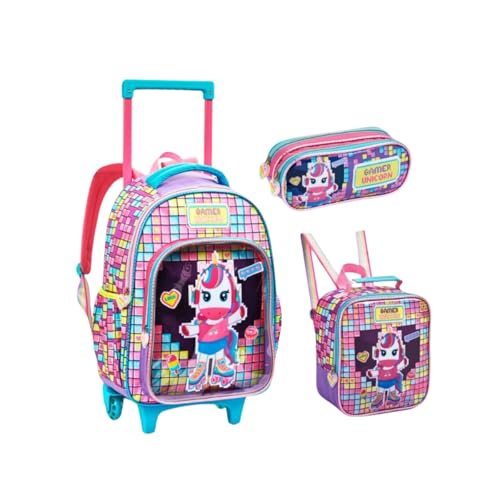 Kit Mochila Rodinha Infantil Com 3 Peças Unicórnio Gamer Lancheira Estojo Menina 2025