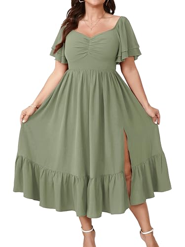 Image of SCOMCHIC Womens Plus Size Wedding Guest Cocktail Dresses Sweetheart Neckline Short Sleeve Smocked Ruffle Slit Maxi Dress