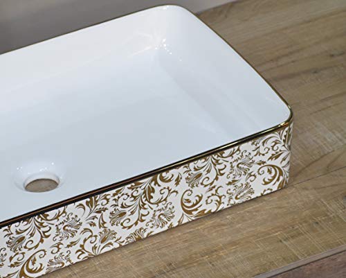 Image of InArt Designer Ceramic Polished, Premium, Rectangle Shape Table Top Wash Basin for Bathroom (Golden floral, 24 x 14 x 4.5 Inch)