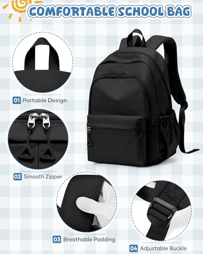 winspansy Backpack for School Teenage Girls Boys,Waterproof Lightweight School Bags Travel Daypack Simple Cute College Backpack Rucksack for Women Men fit 14 Inch Laptop,Black4