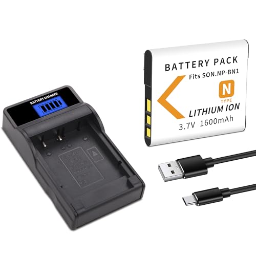 NP-BN1 Battery with Slim LCD Charger Compatible for Sony Cyber-Shot DSC-QX10 QX30 QX100 DSC-TF1 DSC-TX10 TX20 TX30 DSC-W530 DSC-W570 DSC-W650 DSC-W800 DSC-W830 for Sony NP-BN1 NPBN1 BC-CSN 1600mah