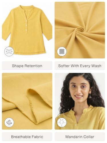 Image of SAADAA Women Short Kurti Airy Linen Regular Fit Kurta with 3 /4th Sleeves, Mandarin Collar, Side Slit Perfect for Casual, Formal, and Ethnic Wear