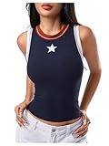 Milumia Women Colorblock Star Printed Tank Crop Tops Y2k Sleeveless Fitted Knit Top Going Out Deep Blue Medium