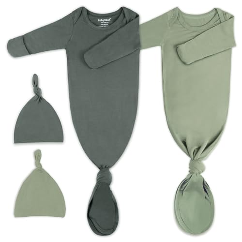 Image of 2Pk Newborn Baby Knotted Gown, Super Soft Silky Infant Long Sleeve Sleeper for Baby Sleeping with Hat or Headband (2 Packs)