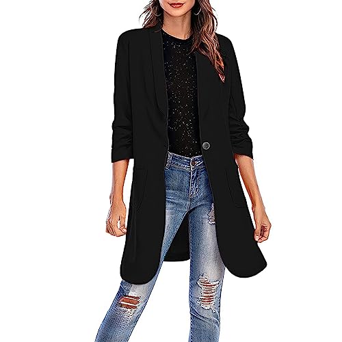 Long Blazer for Women Ruched 3/4 Sleeve Oversized Suit Jackets Elegant Work Office Suit Coat with Pockets2