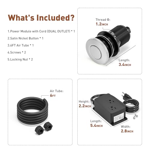 Image of Garbage Disposal Air Switch Kit Dual Outlet, Sink Top Button UL Listed | Waterproof Stainless Steel Countertop Button, Compatible for all Waste Disposer Models - Brushed Silver