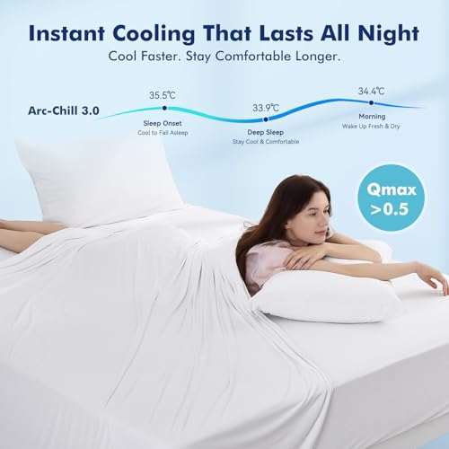 Image of Elegear King Cooling Sheets for Hot Sleepers, Silver Infused Arc-Chill 3.0 Bed Sheet Set, Q-Max 0.5 Silky Soft Breathable Cool Bedding Set for Night Sweats, 18 inch Deep Pocket, 4 Pieces, White