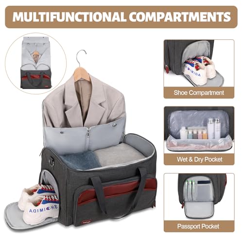 Garment Duffle Bags for Travel, Convertible Garment Bag for Men Women, Carry On Duffle Bag Backpack with Shoe Compartment & Toiletry Bag, 4 in 1 Hanging Suitcase Suit Travel Bags (Grey)3