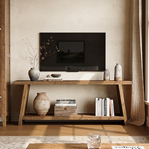 , Farmhouse Media Console For 55/60/65 Inch Tv, 2-tier Mid-c