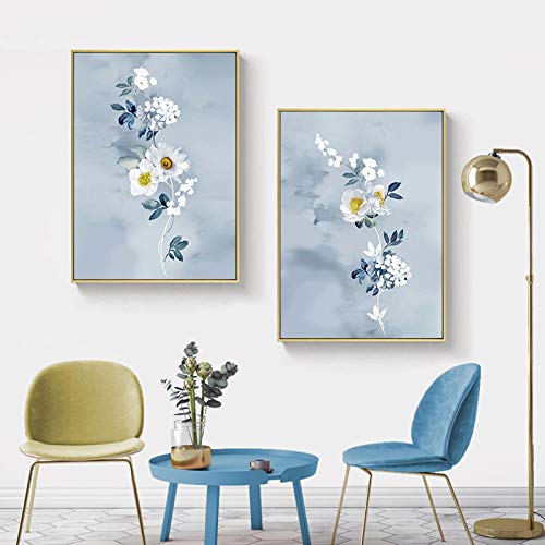 Art mural abstrait de fleurs blanches en lot de 2 toiles 40x60cm pour salon