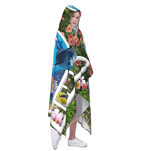 Hooded Blanket Underwater Dolphin With Flowers Window Flannel Wearable Throw Cape Robe Wrap Fleece Warm Air-Conditioning Quilt 60"X50" #TOP7