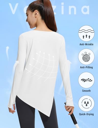 Image of Venzina Women's Long Sleeve Yoga Top with UPF 50 Sun Protection | Quick-Dry Shirt with Thumbholes & Asymmetrical Knotted Hem |Running, Dance, Exercise