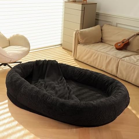 Extra Large Dog Bed for Medium Large Dogs Big Human Dog Bed with Blanket Giant Pet Bed with Removable Washable Cover Non-Slip Waterproof Bottom High Density Foam Mat Crushed Sponge Black 71"x47" Cover