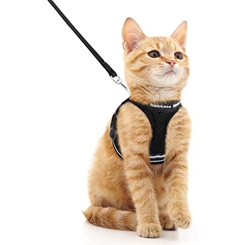 rabbitgoo Arnes Gatos y Correa 150cm Chaleco Ajustable Antitirones Reflectante Cómodo Correa Mágica para Fácil de Poner y Quitar para Paseo Diario Arnes para Perro Pequeño Conejos Gatos M Negro