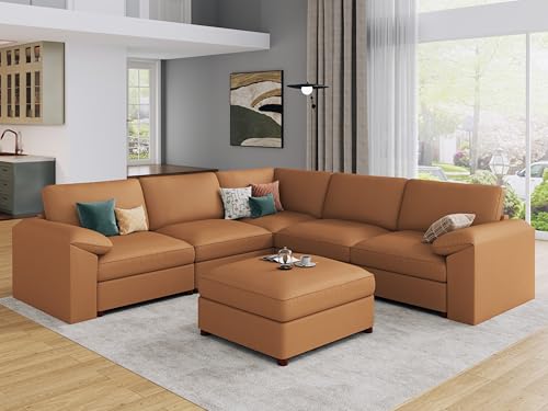 Image of EASE MOOSE Oversized Corner Modular Sectional Sofa with Ottoman, Faux Leather Sectional Sofa with Deep Seat, Scratch Resistant Faux Leather Material, Extra Large L Shaped Couch, Brown