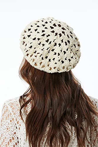 Women Cotton Slouchy Crochet Beret Handmade Cutout Floral Beanie Hat (Beige) #TOP3