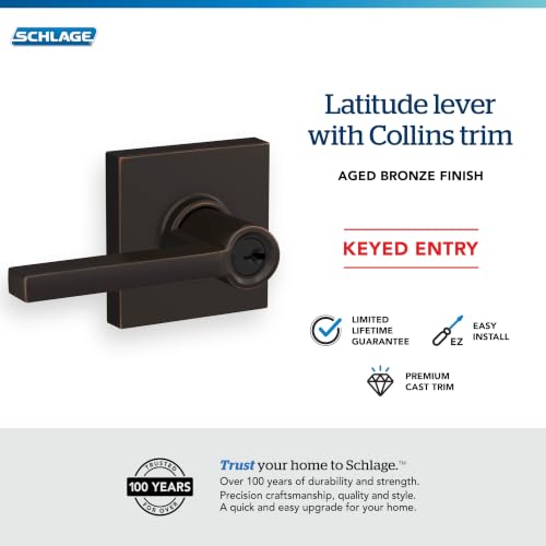 Image of SCHLAGE Latitude Keyed Entry Door Handle, Reversible, Aged Bronze | Keyed entry lever door handle with turn-button lock, Easy to install, Certified security & durability, Universal fit, 2 keys