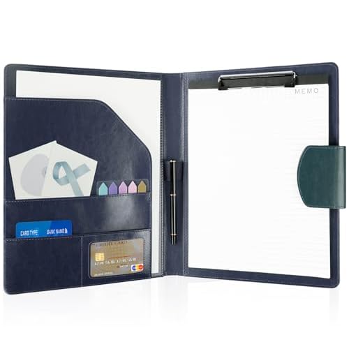 A4 Leather Padfolio Portfolio Organizer Binder,A4 Business Interview Legal Document Folder with Magnetic Closure Cover,Resume Folder with Luxury Papers,Sticky Tabs,Pen for Men Women(Navy Blu