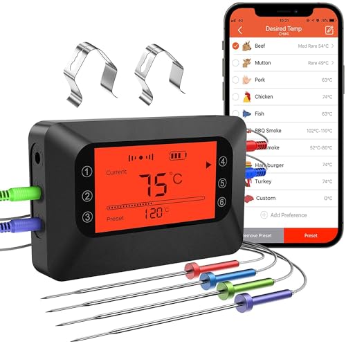 BFOUR Digital Wireless Meat Thermometer with 4 Colored Probes, Bluetooth & Large Backlight Display, 328FT Grill & Smoker Thermometer