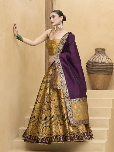 Image of PURVAJA Women's Kanjiwaram Semi-Stitched Lehenga choli