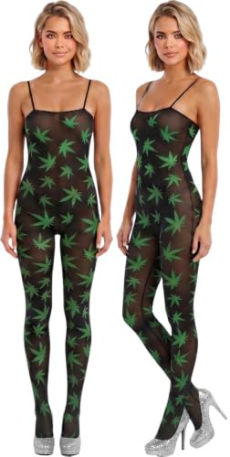 Image of ToBeInStyle Women's Thigh High Stockings Bodystocking Tights Medicinal Cannabis Marijuana Weed Leaf Print Festival Hosiery
