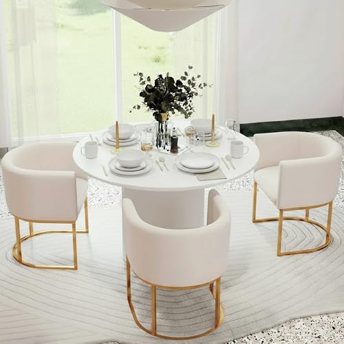 Image of HNY Mid Century Modern Upholstered Barrel Dining Chairs with Arms Set of 3, Linen Kitchen & Dining Room Chairs, 18.5 inch Wide Accent Chairs for Dining Room Living Room with Gold Metal Frame, Cream