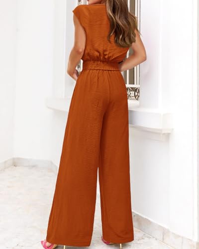 Image of PRETTYGARDEN Women's Summer 2 Piece Outfits 2026 Cap Sleeve V Neck Belted Crop Tops Wide Leg Pant Sets Casual Tracksuit