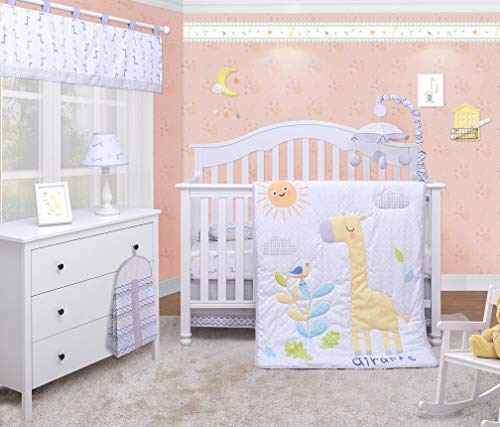 Image of OptimaBaby 6-Piece Baby Crib Bedding Set - Crib Quilt, Skirt, Fitted Sheet, Window Valance, Accent Pillow, Diaper Stacker - Baby Boy, Girl Room Nursery Decor and Bedding Ensemble - Giraffe Animal