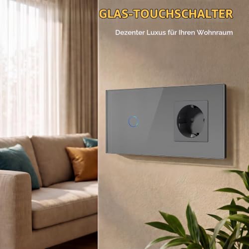 BSEED Touch Lichtschalter mit Steckdose aus Glas, Modern Steckdosen Unterputz, Wandschalter mit LED Hinterlicht (Kein Neutralleiter… – Ansicht 2