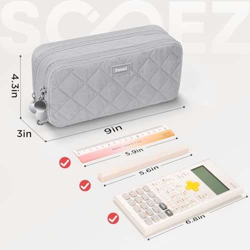Image of Sooez Large Pencil Case Pouch, Extra Big Pencil Bag with 8 Compartments, Pen Bag Wide Opening, Soft Quilted Pencil Pouch Organizer with Zipper, Portable Pencil Case for Teen Girls, Gray