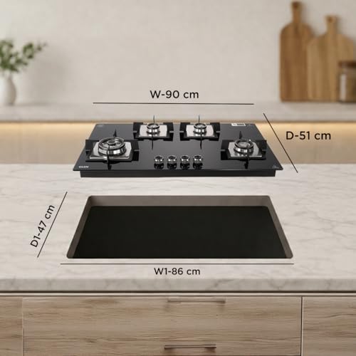 Image of Glen 4 Burner Gas Hobtop 90 cm | Built-In Hob Auto Ignition | 8 mm Toughened Glass Top | Forged Brass Double Ring Burner | Black | 2 years standard & 5 years glass Warranty| 1094XLSQHTDBTR