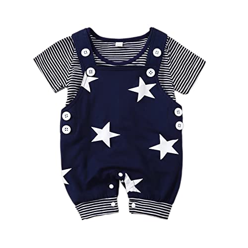 T TALENTBABY Combinaison en coton pour nouveau-né - Barboteuses à rayures + salopette + chapeau avec broderie étoile, bleu marine, 9-12 mois Cover