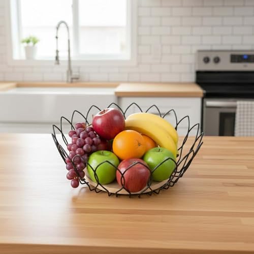 Image of Go Hooked Decorative Metal Wire Fruit Basket with Wooden Base for Home & Dining Table 10Inch | Open Wire Countertop Fruit Bowl for Vegetables, Snacks & Bread | Modern Home Decor Storage Basket (VM15C)