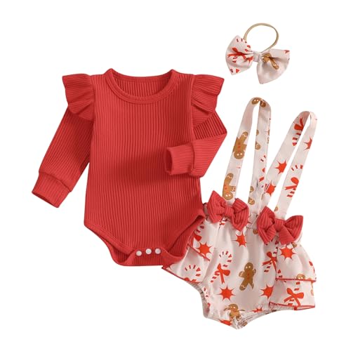Image of Covvoliy Newborn Baby Girl Christmas Outfits Solid Long Sleeve Romper Gingerbread Print Overalls Shorts Headband 3Pcs Sets