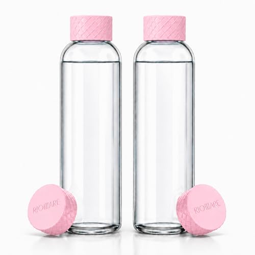 Image of Rioware Glass Water Bottle 1 Litre | Airtight lid | Leak Proof | Silicon Cap | Fridge Water Bottles for Home, Office & Gym (1 Ltr- Pack Of 2, Pink)