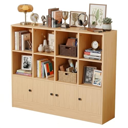 Image of DIYART Oak Bookshelf, Wood Bookcase with 3 Tier Shelves, 12 Cube Storage Organizer with Doors for Bedroom, Living Room, 47.8 inch W x 39.1 inch H