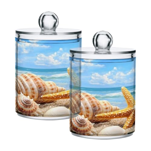 ALAZA 2 Pack Qtip Holder Starfish Shells Beach, Cotton Swab Dispenser with Lid Bathroom Containers Canister Organizer Storage Jar