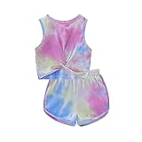 PFLD Girl's Summer Tie-Dye Outfit Crop Tank Top and Athletic Shorts 2PCS Clothes Set