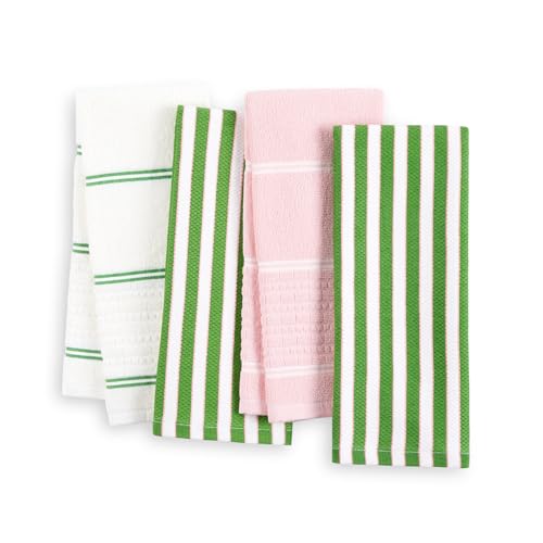 Kate Spade New York Botanical Stripe Kitchen Towels 4-Pack Set, Absorbent 100% Cotton, Green/Pink, 17"x28"