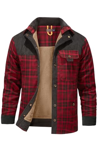 Image of Mr.Stream Men's Padded Lumberjack Casual Long Sleeve Plaid Flannel Lined Button Warm Shirt Sherp Jacket 3251 Red 2XL