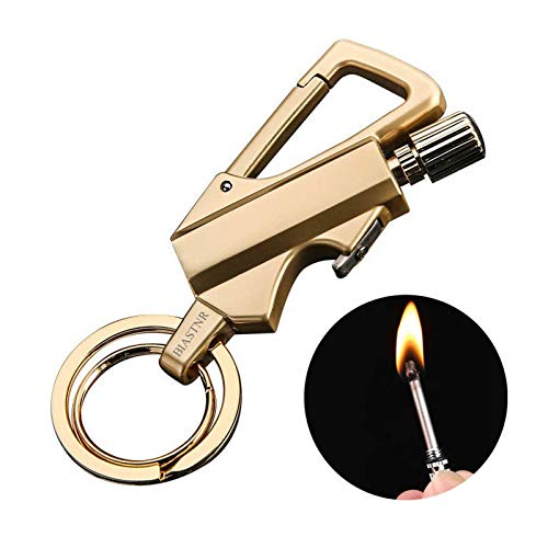 BIASTNR Permanent Match with Bottle Opener Metal Keychain Lighter, Reusable Waterproof Flint Matchstick Fire Starter for Camping Hunting, Great Gift Ideas Gold