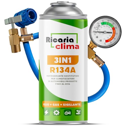 Ricaria Clima - 3in1 Air Con Recharge Gas R134a 235 g Car AC Refill Kit with Hose and Pressure Gauge ECO