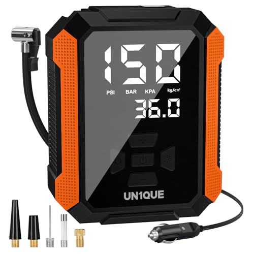 UN1QUE Digital Tyre Inflator for car, 150PSI Electric Car Air Pump, 12V DC Portable LCD Display Air Compressor, Fast Inflation Speed air inflator for car(Black-Orange)