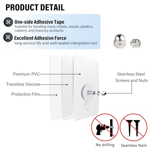 Image of Adhesive Hooks for Wall (13lb Max), Screw Free Wall Hangers without Nails for Photos Frames, Shelf Utility Waterproof and Oil Resistant Hooks for Decorations and Bathroom Kitchen Racks -10 Pack (14mm)