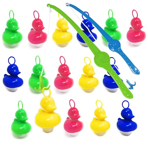 AMLI Enten Angeln | 16x bunt Entchen mit Öse & Gewicht | Inkl. 2 Angeln | Entenangeln Spiel Wasser groß | Perfekt für Firmenfeiern, Kita, Kindergeburtstag | Schwimmenten für Pool & Jahrmarkt