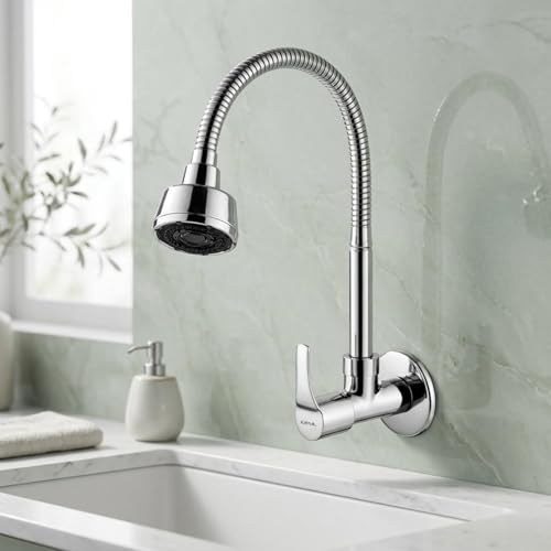Image of KAMAL Sink Spray Tab Acura - Wall Mounted | SS 304 Flexible Spout 360 Degree Dual Flow Passion Flex Flexible Sink Cock Pillar Cock Shower Type Bib Tap Faucet Bib Tap Faucet (Wall Mount Installation)