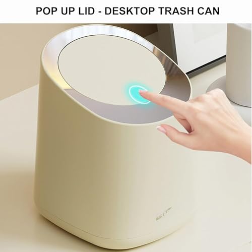Image of Mini Desktop Bin with Lid, 2L Small Bathroom Dustbin with 1Roll of Trash Bags, Trashs Can with Press Type Lid Plastic Desktop Trash Bin for Home, Office, Vanity, Creamy White